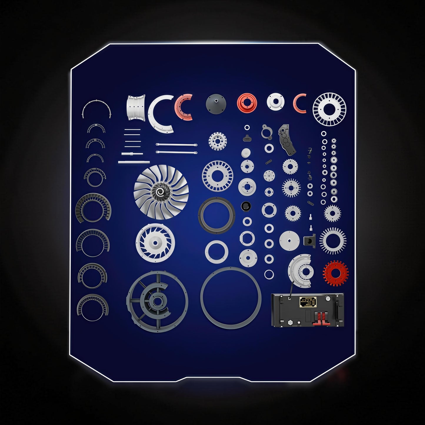 The Curious Mind Medium Turbofan Engine DIY Kit laid out with all PLA parts including fans, gears, and casing components.