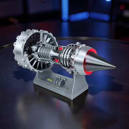 The Curious Mind turbofan engine display model, 40cm, made of silver PLA with red accents and mechanical movement.