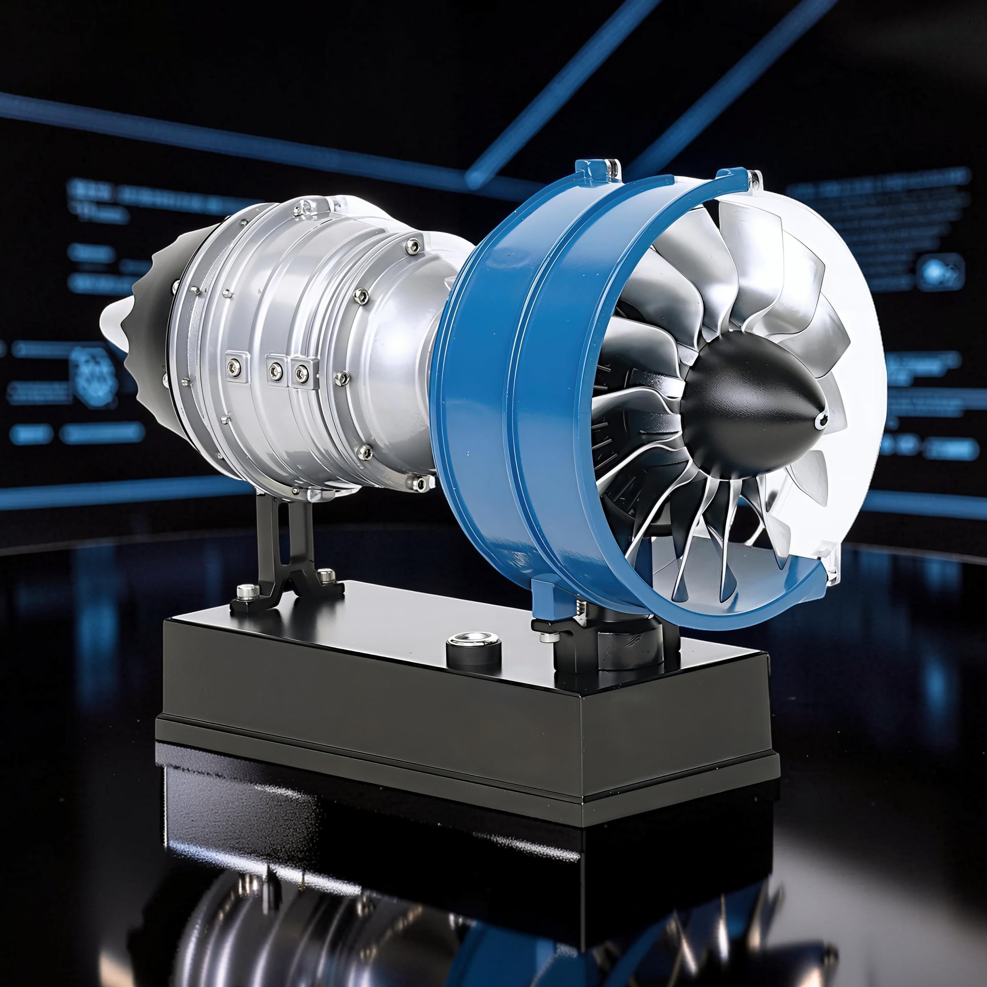 The Curious Mind Mini Turbofan Engine DIY Kit model, silver and blue PLA, desktop display.