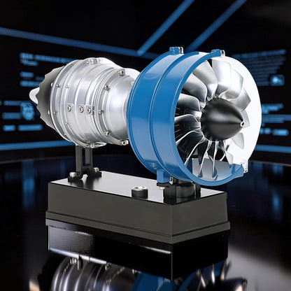 The Curious Mind Mini Turbofan Engine DIY Kit model, silver and blue PLA, desktop display.