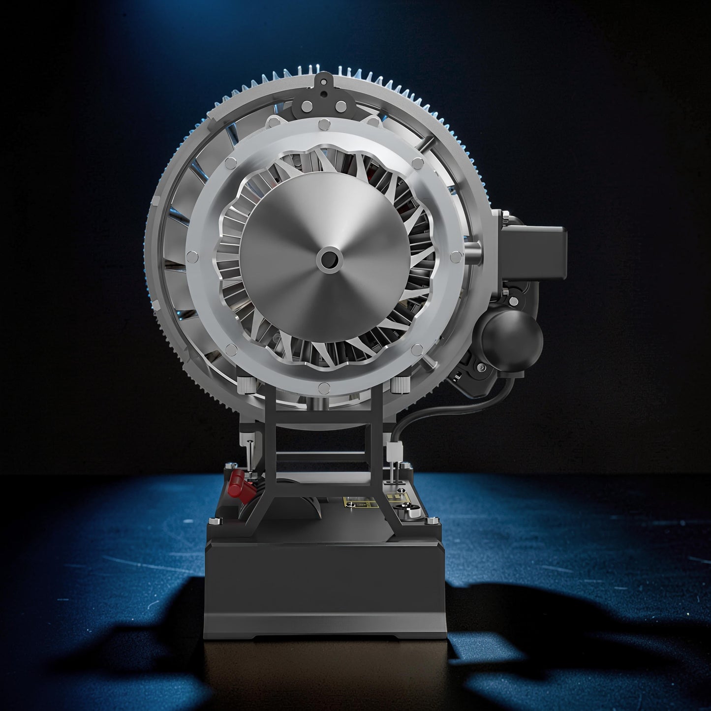 The Curious Mind medium turbofan engine DIY kit, a detailed mechanical model with silver metal and black components, designed for display.