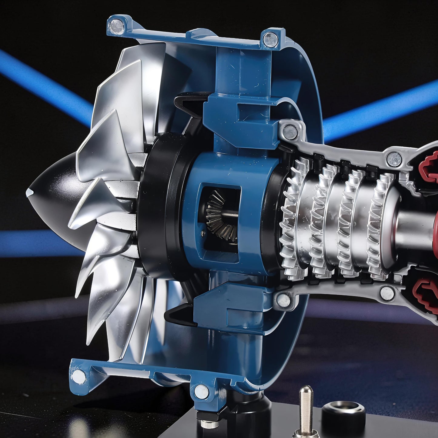 The Curious Mind Mini Turbofan Engine DIY Kit, a detailed PLA model with silver fan blades and blue casing.