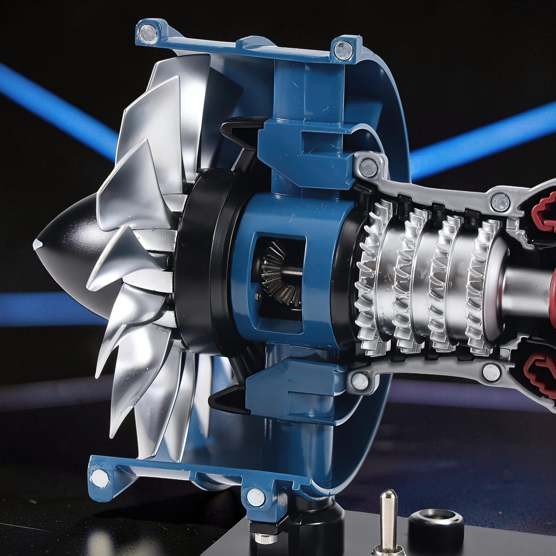 The Curious Mind Mini Turbofan Engine DIY Kit, a detailed PLA model with silver fan blades and blue casing.