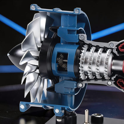 The Curious Mind Mini Turbofan Engine DIY Kit, a detailed PLA model with silver fan blades and blue casing.