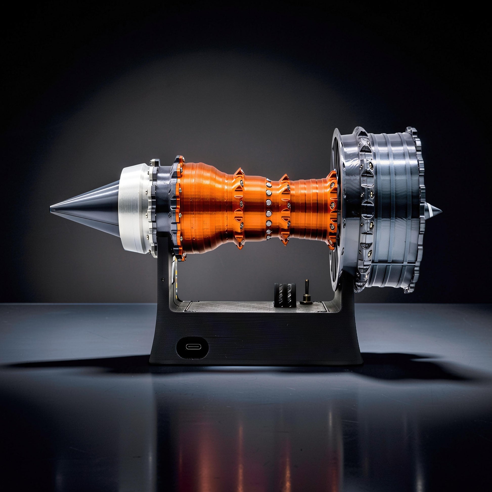 The Curious Mind TR900 Turbofan Engine DIY Kit, a detailed PLA model with orange and silver components on a black stand.