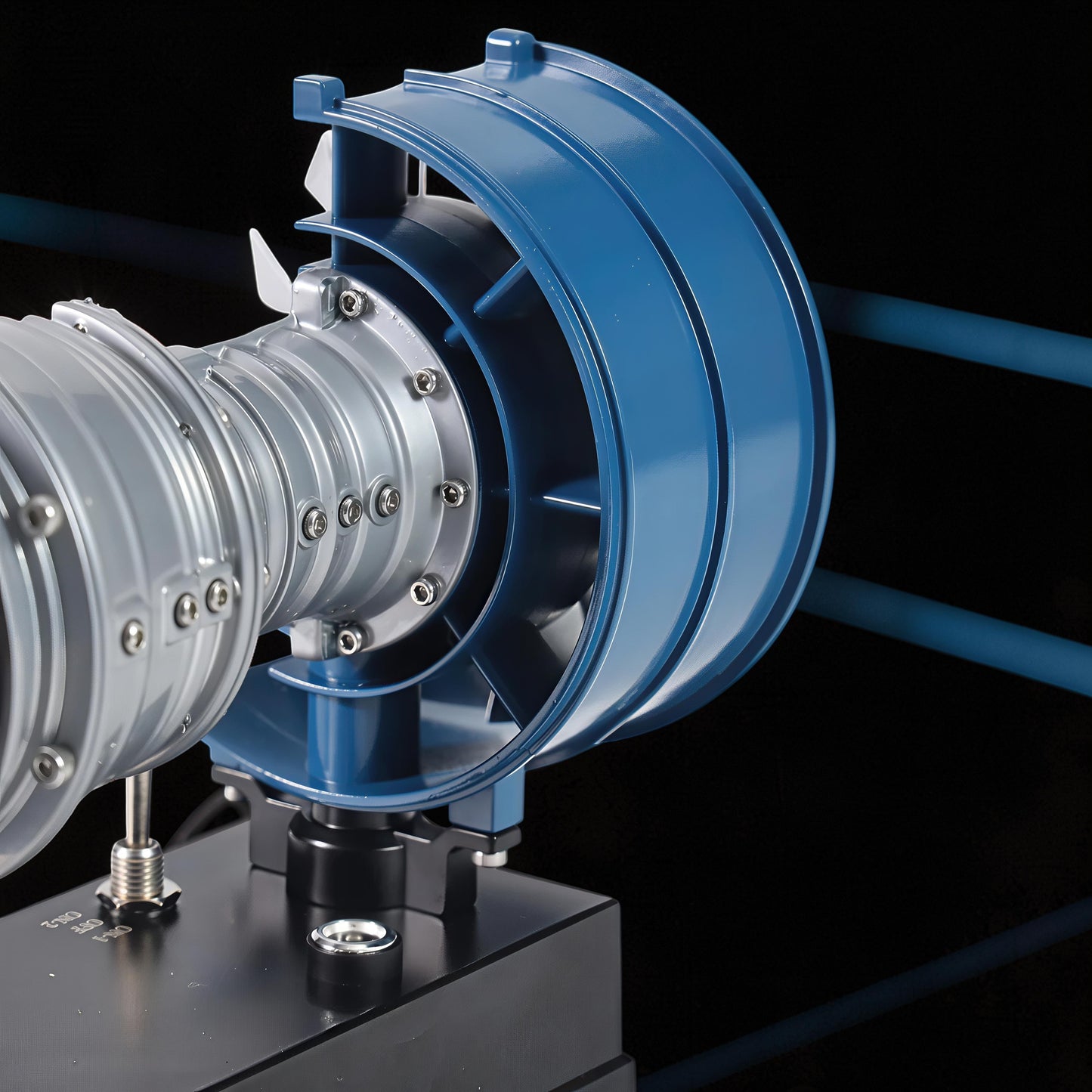 The Curious Mind Mini Turbofan Engine DIY Kit is a detailed PLA model with silver and blue components, featuring visible fan blades and a desktop display base.