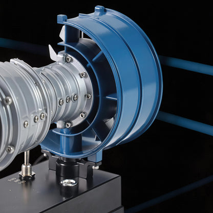 The Curious Mind Mini Turbofan Engine DIY Kit is a detailed PLA model with silver and blue components, featuring visible fan blades and a desktop display base.