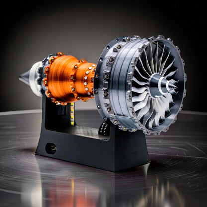 The Curious Mind TR900 Turbofan Engine DIY Kit, a detailed PLA model with orange and silver components on a black stand.
