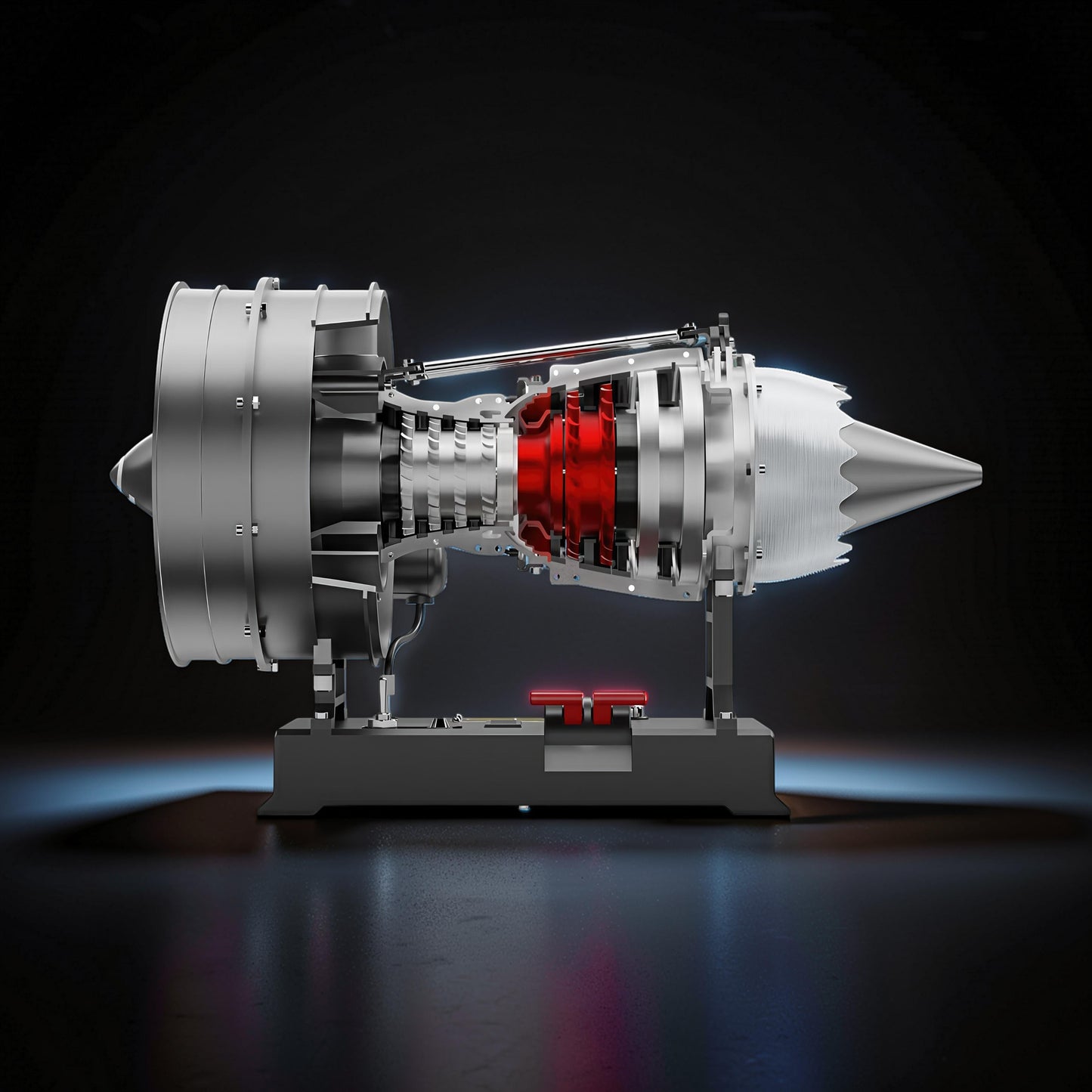The Curious Mind Medium Turbofan Engine DIY Kit, a detailed PLA model with red internal components, displayed on a stand.