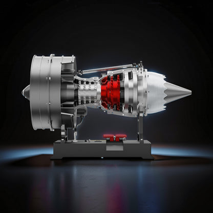 The Curious Mind Medium Turbofan Engine DIY Kit, a detailed PLA model with red internal components, displayed on a stand.