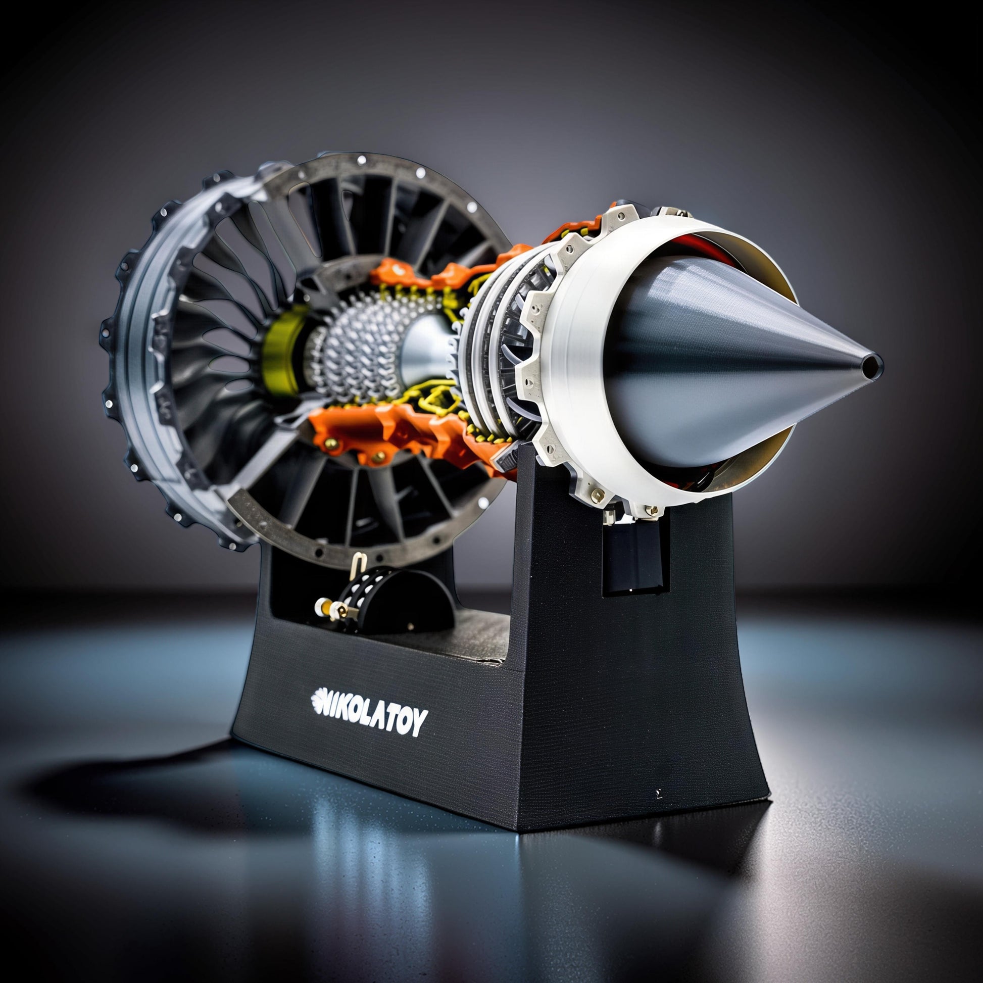 The Curious Mind TR900 Turbofan Engine DIY Kit model, made of PLA, with intricate details and a black display stand.