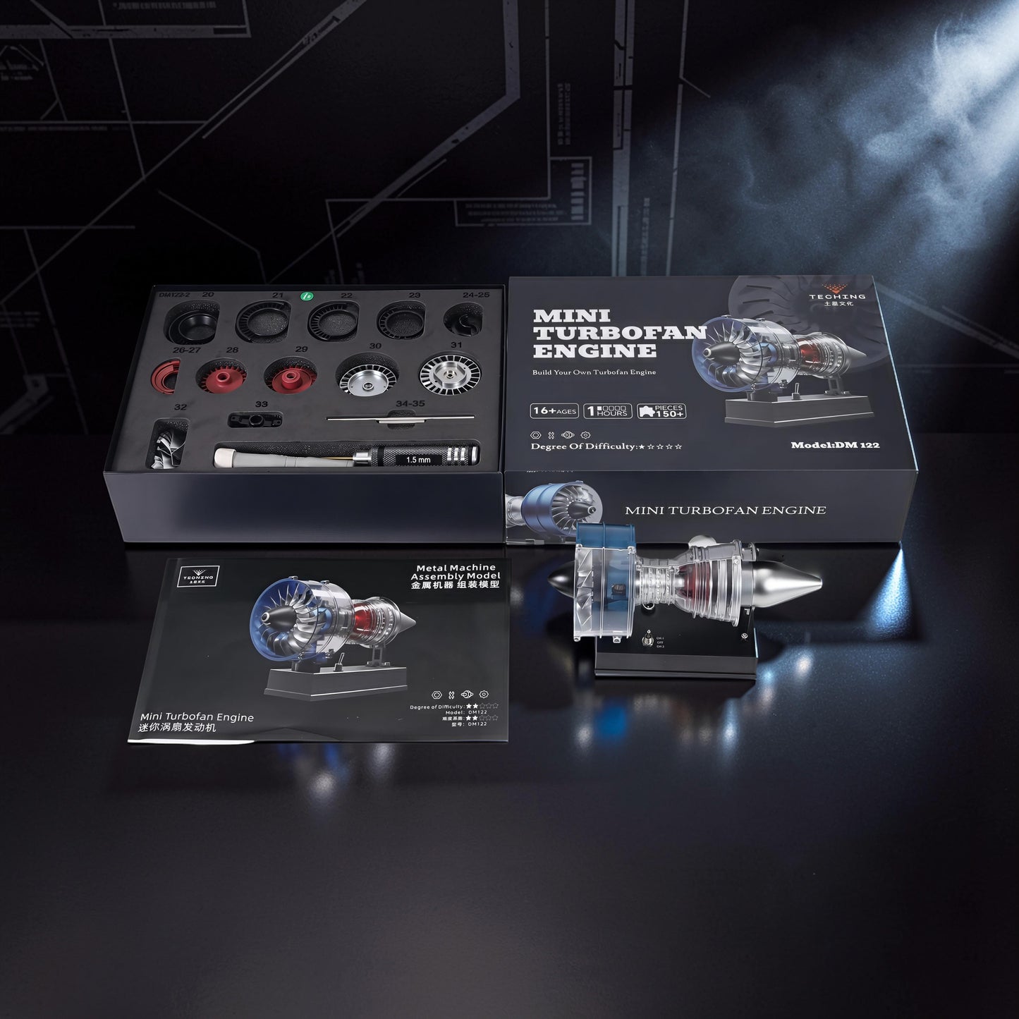 The Curious Mind Mini Turbofan Engine DIY Kit, a metal assembly model made of PLA, featuring intricate details and a display stand.