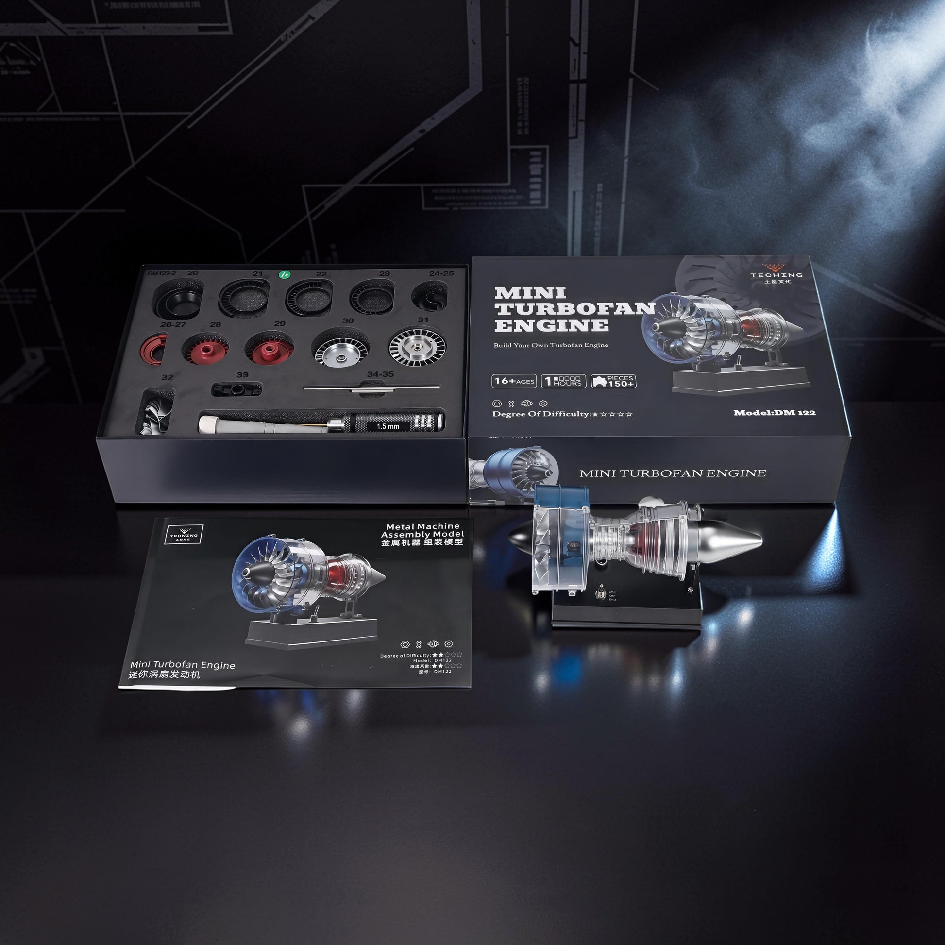The Curious Mind Mini Turbofan Engine DIY Kit, a metal assembly model made of PLA, featuring intricate details and a display stand.