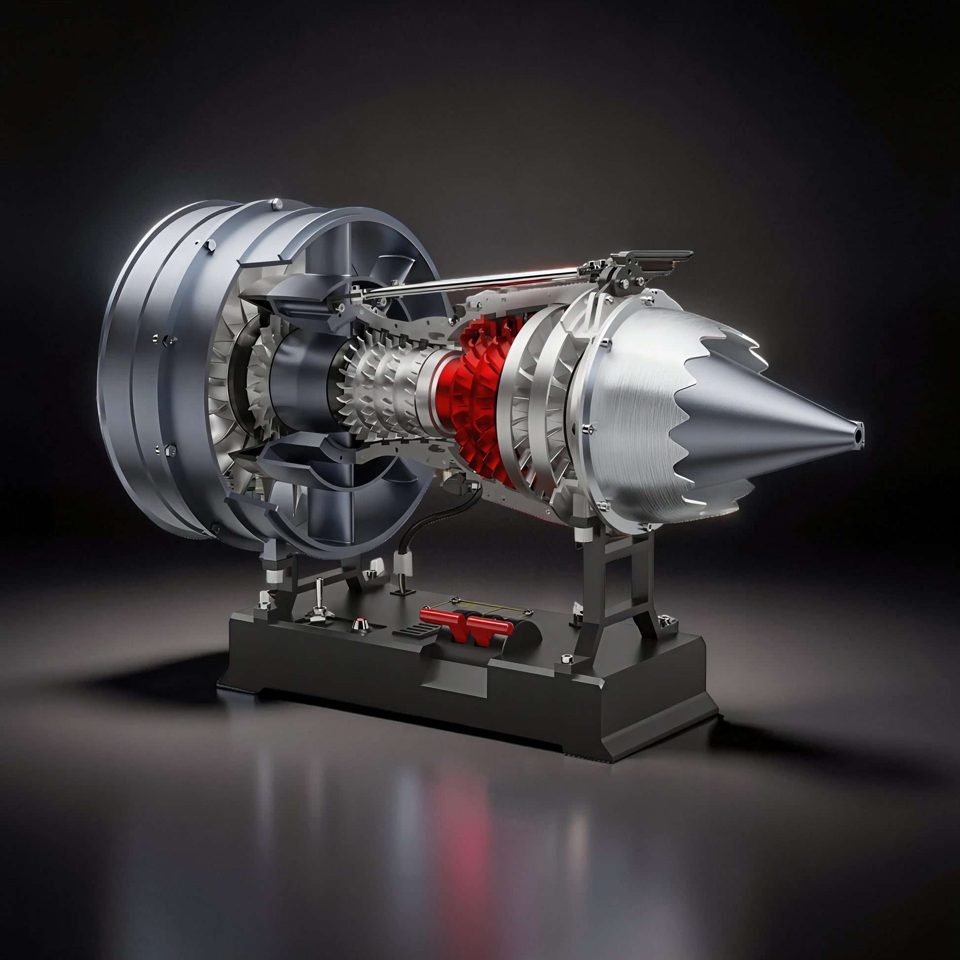 The Curious Mind medium turbofan engine DIY kit, a detailed PLA model with red turbine and silver casing, displayed on a black stand.