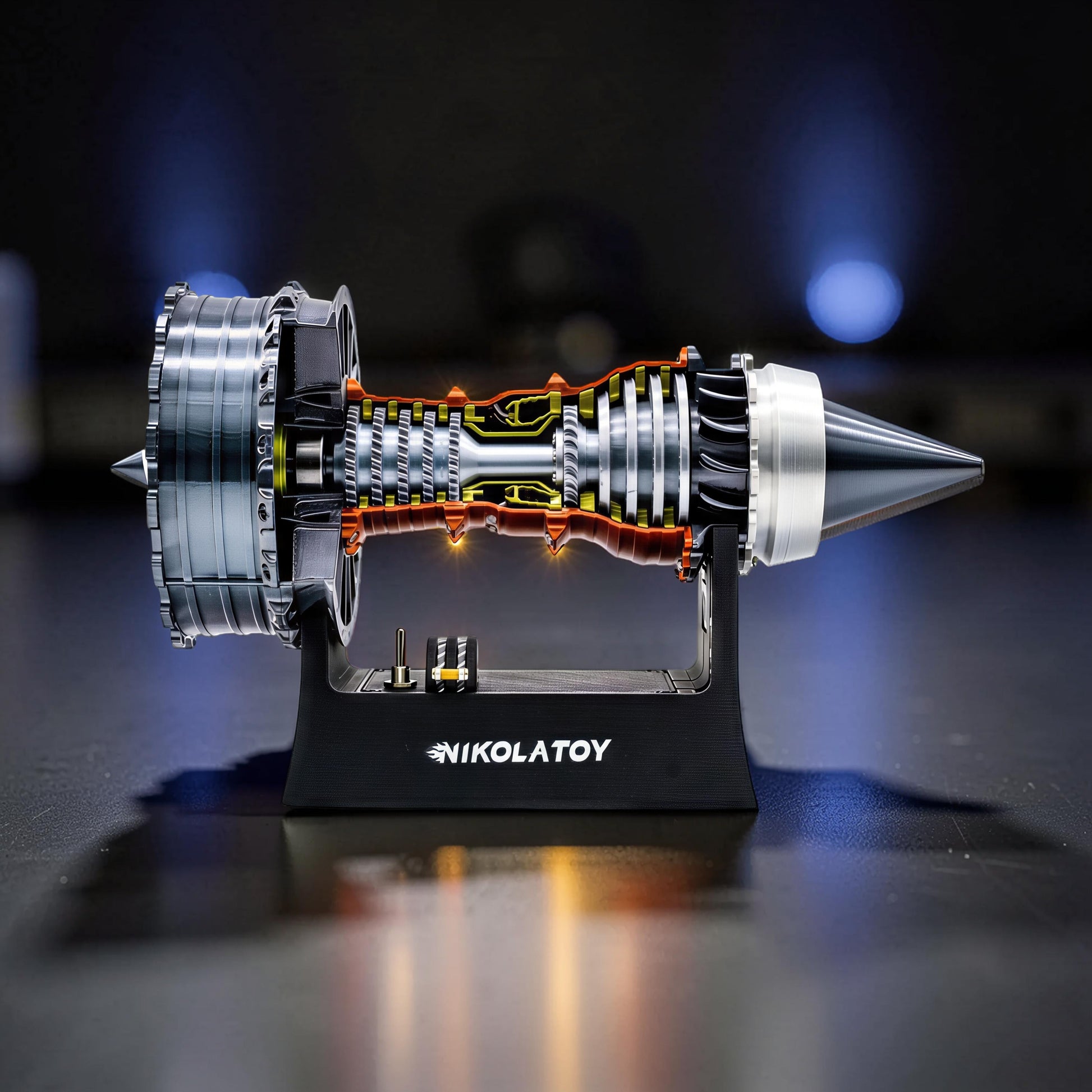 The Curious Mind TR900 Turbofan Engine DIY Kit, a detailed PLA model with cutaway view showing internal components and orange accents.