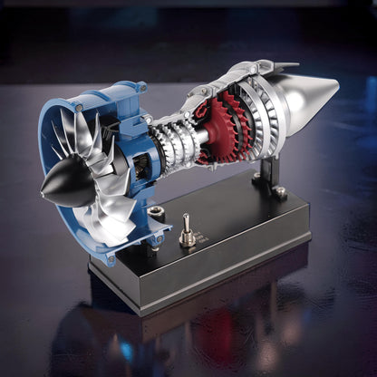 The Curious Mind Mini Turbofan Engine DIY Kit, a detailed PLA model with blue fan housing, red turbine blades, and silver metal components on a black display stand.