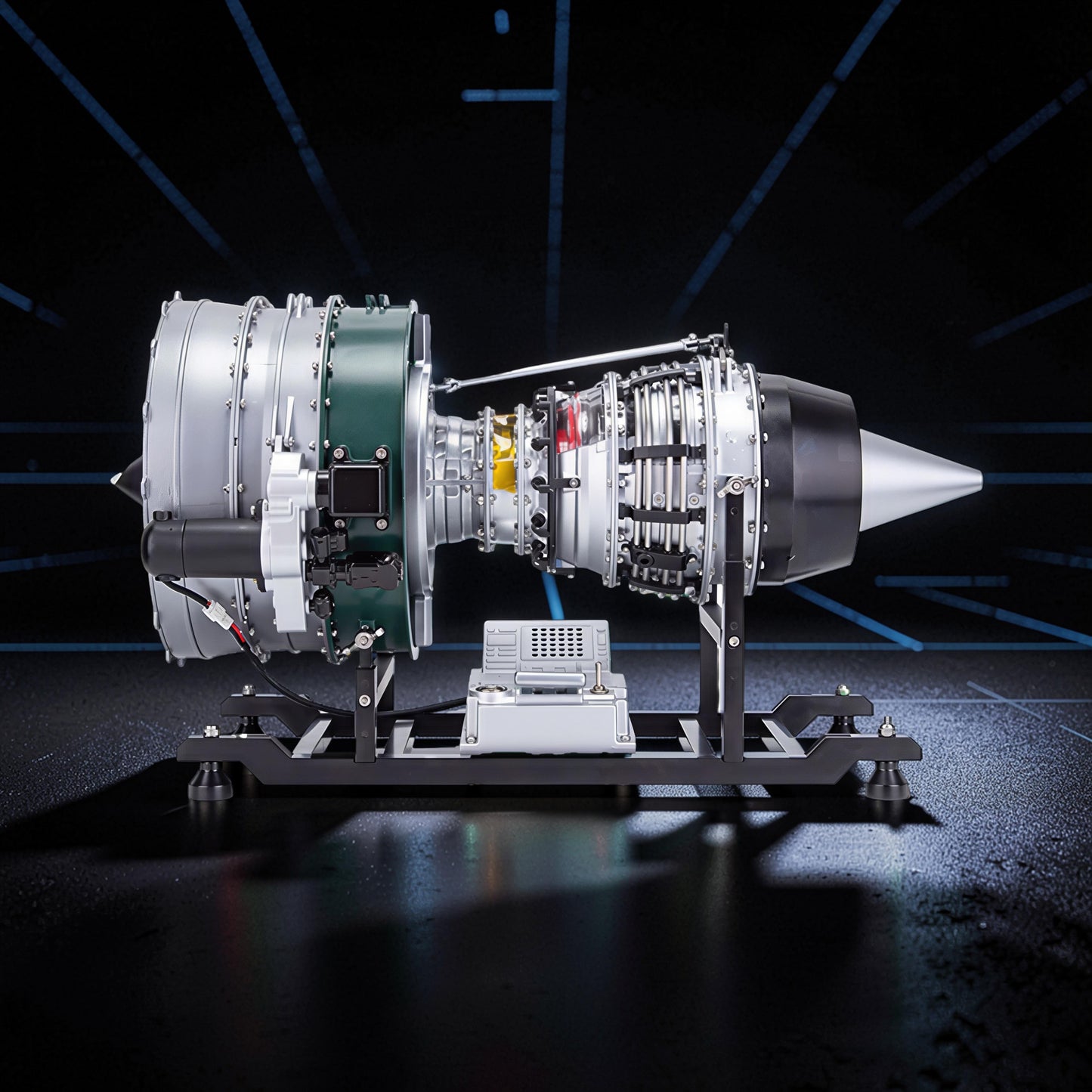 The Curious Mind Large Turbofan Engine DIY Kit, a detailed metal model with green, silver, and black accents, displayed on a black stand.