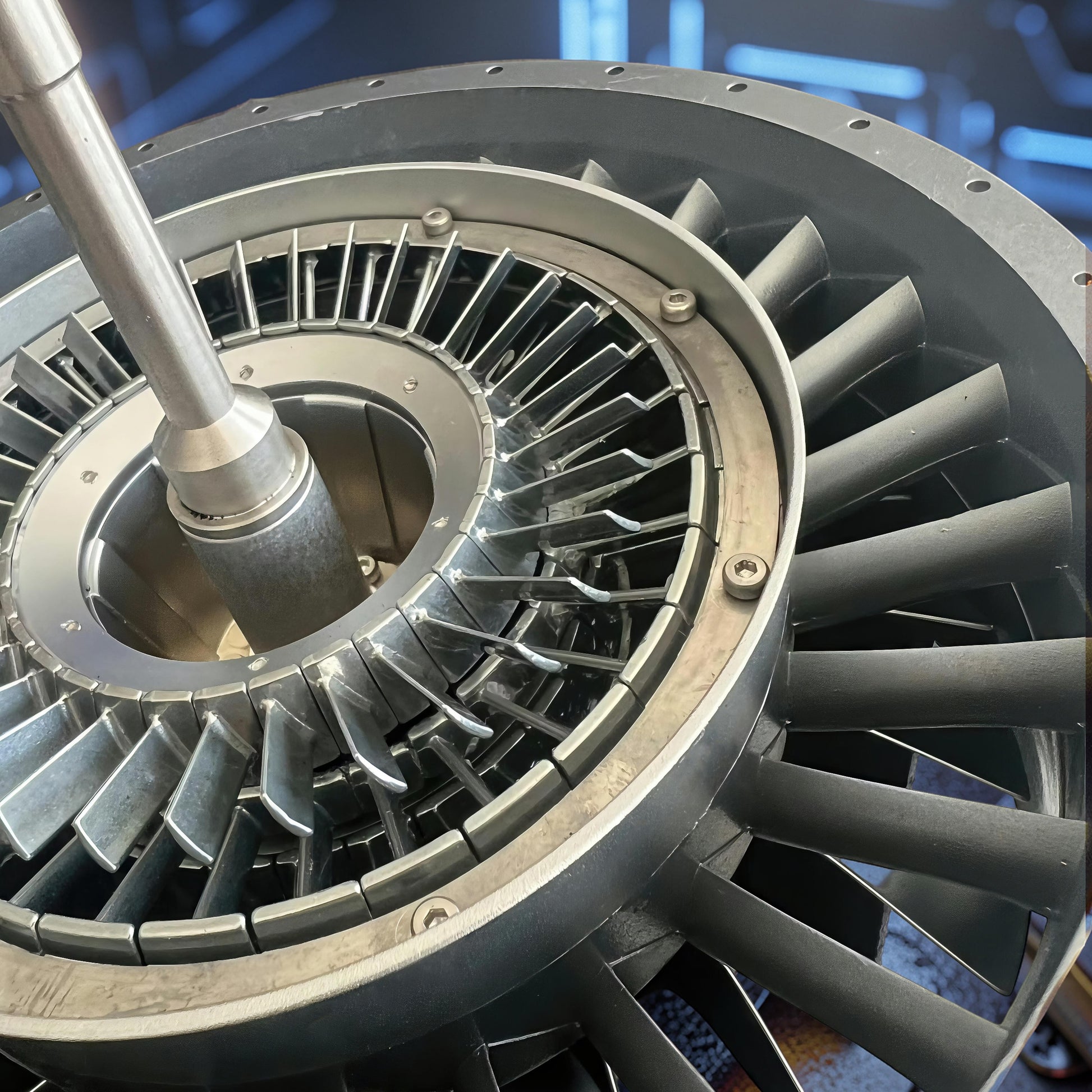 The Curious Mind Large Turbofan Engine DIY Kit, a detailed metal model with intricate fan blades and central shaft.