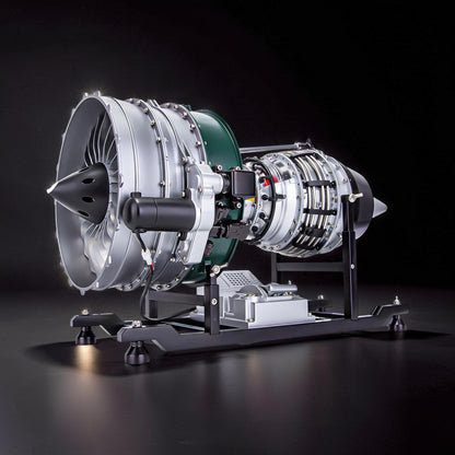 The Curious Mind Large Turbofan Engine DIY Kit, a detailed metal model with silver and green accents, displayed on a black stand.