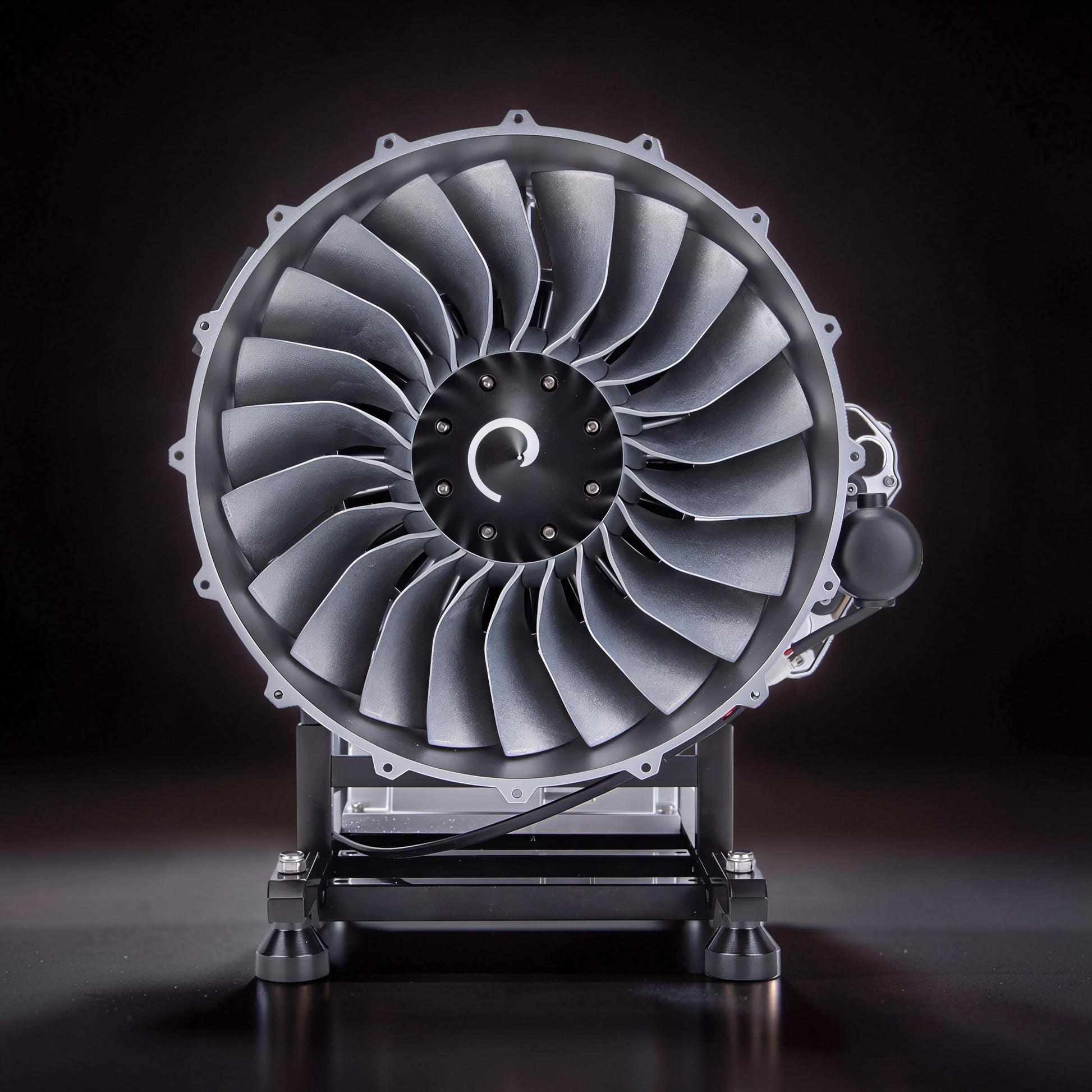 The Curious Mind Large Turbofan Engine DIY Kit, a detailed metal model with spinning fan blades on a black stand.
