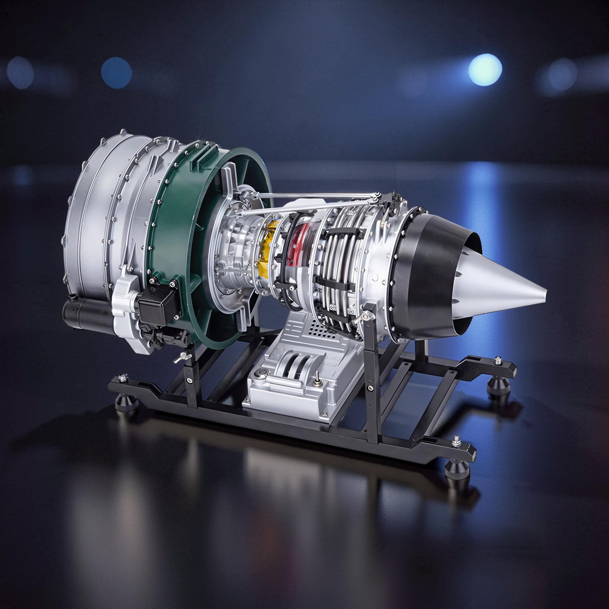 The Curious Mind Large Turbofan Engine DIY Kit, a detailed metal model with visible internal components, mounted on a black stand.