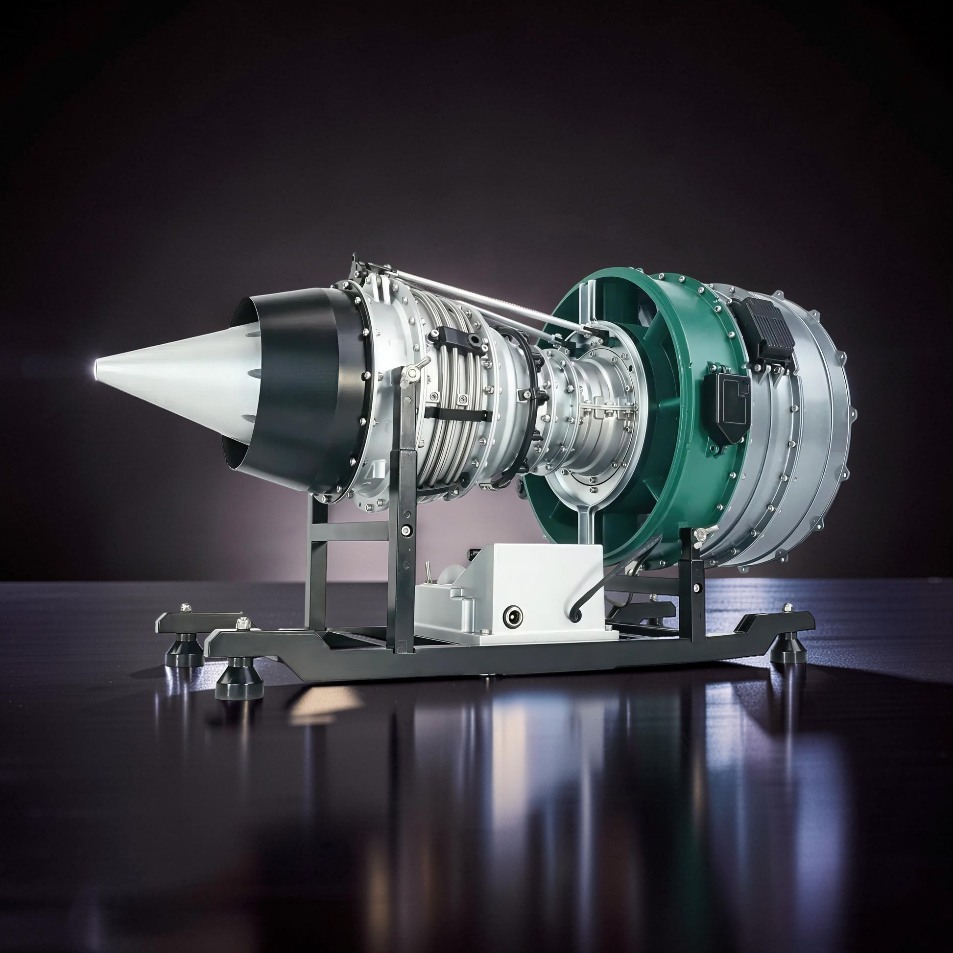 The Curious Mind Large Turbofan Engine DIY Kit, a detailed metal model with green and silver components on a black stand.