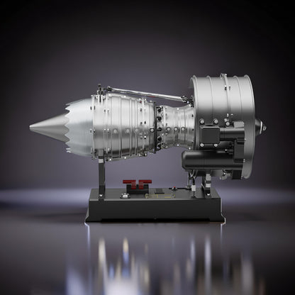 The Curious Mind medium turbofan engine DIY model kit, silver metal construction with black base and red accents.