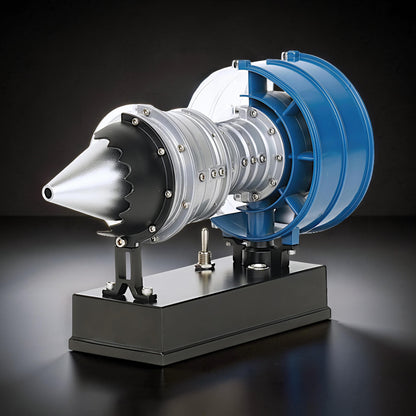 The Curious Mind Mini Turbofan Engine DIY Kit model with silver, black, and blue PLA construction on a black base.
