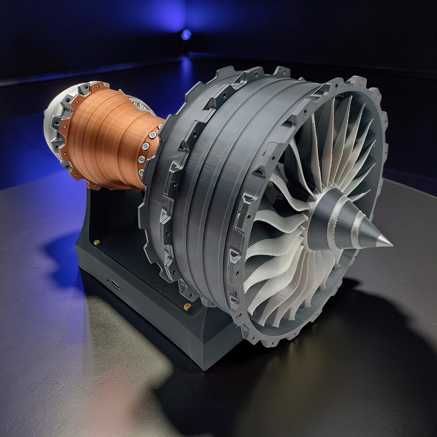 The Curious Mind TR900 Turbofan Engine model, 24cm PLA display piece with mechanical movement and intricate fan blades.