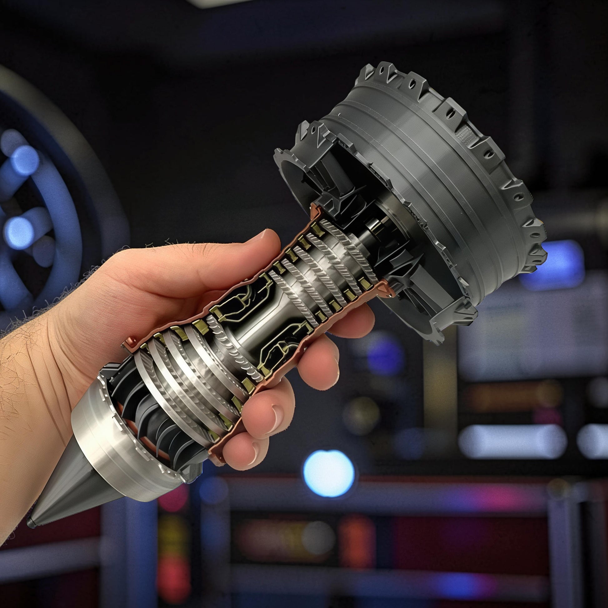 The Curious Mind TR900 Turbofan Engine model, 24cm, made of PLA, showing intricate mechanical detail in a cutaway view held in a hand.