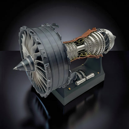 The Curious Mind TR900 Turbofan Engine model, 24cm PLA mechanical display with detailed fan blades and internal components.