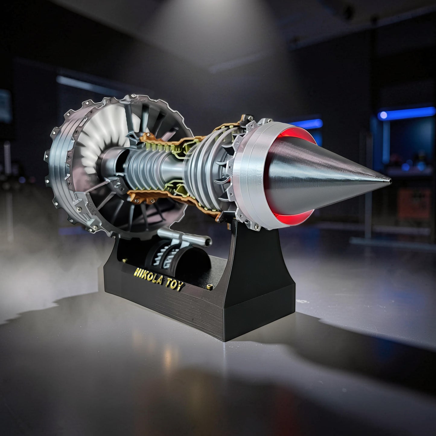 The Curious Mind TR900 Turbofan Engine model, 24cm PLA display with mechanical movement and red LED accents.