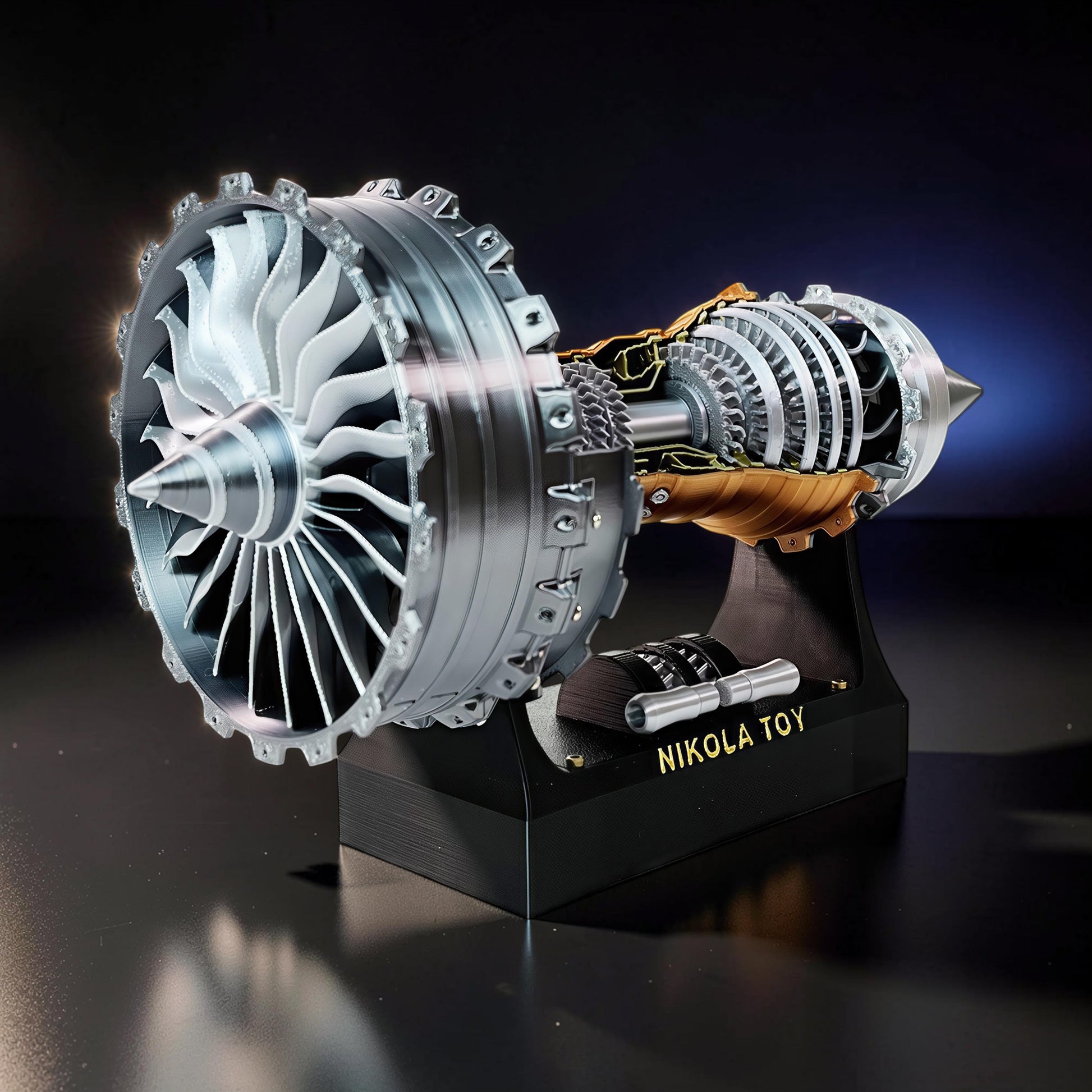The Curious Mind TR900 Turbofan Engine model, 24cm, PLA, silver and gold with mechanical movement on a black display stand.