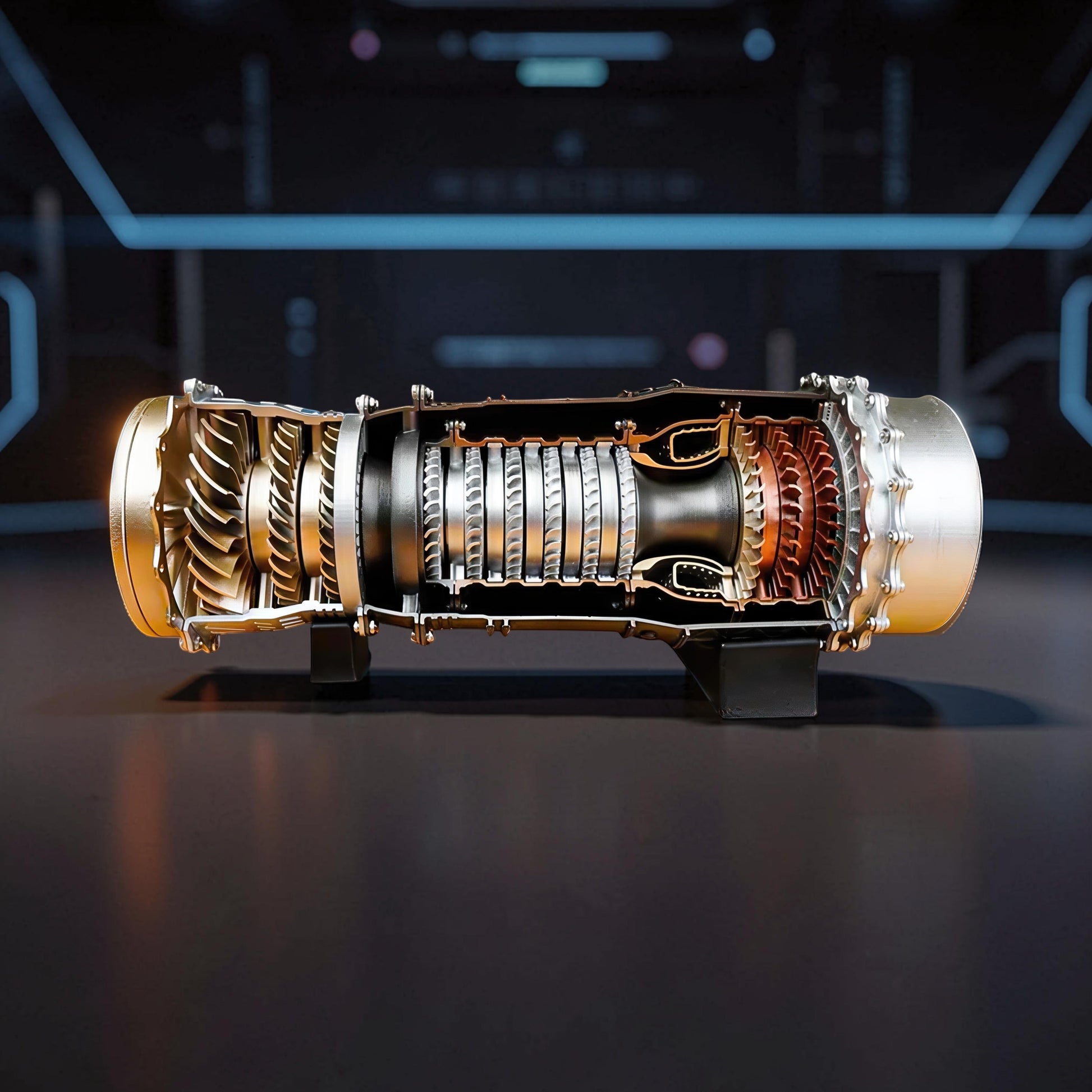 The Curious Mind WS-15 Fighter Turbofan DIY Kit, a detailed PLA model with gold, silver, and copper components, showcasing internal turbine and fan blades.
