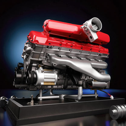 The Curious Mind V12 car engine model kit, a detailed metal replica with red and silver components, displayed on a black base.
