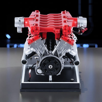 The Curious Mind V12 Car Engine DIY Kit, a detailed metal model with red and silver components on a black display base.