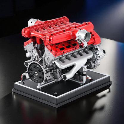 The Curious Mind V12 car engine DIY kit, a detailed metal model with red and silver components on a black display base.