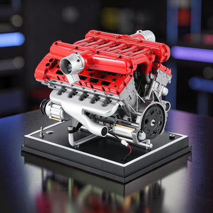 The Curious Mind V12 car engine DIY kit, a detailed metal mechanical model with red and silver components on a black display base.