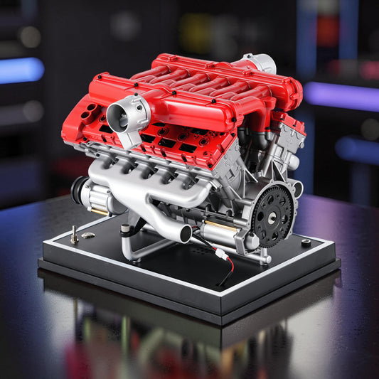 The Curious Mind V12 car engine DIY kit, a detailed metal mechanical model with red and silver components on a black display base.