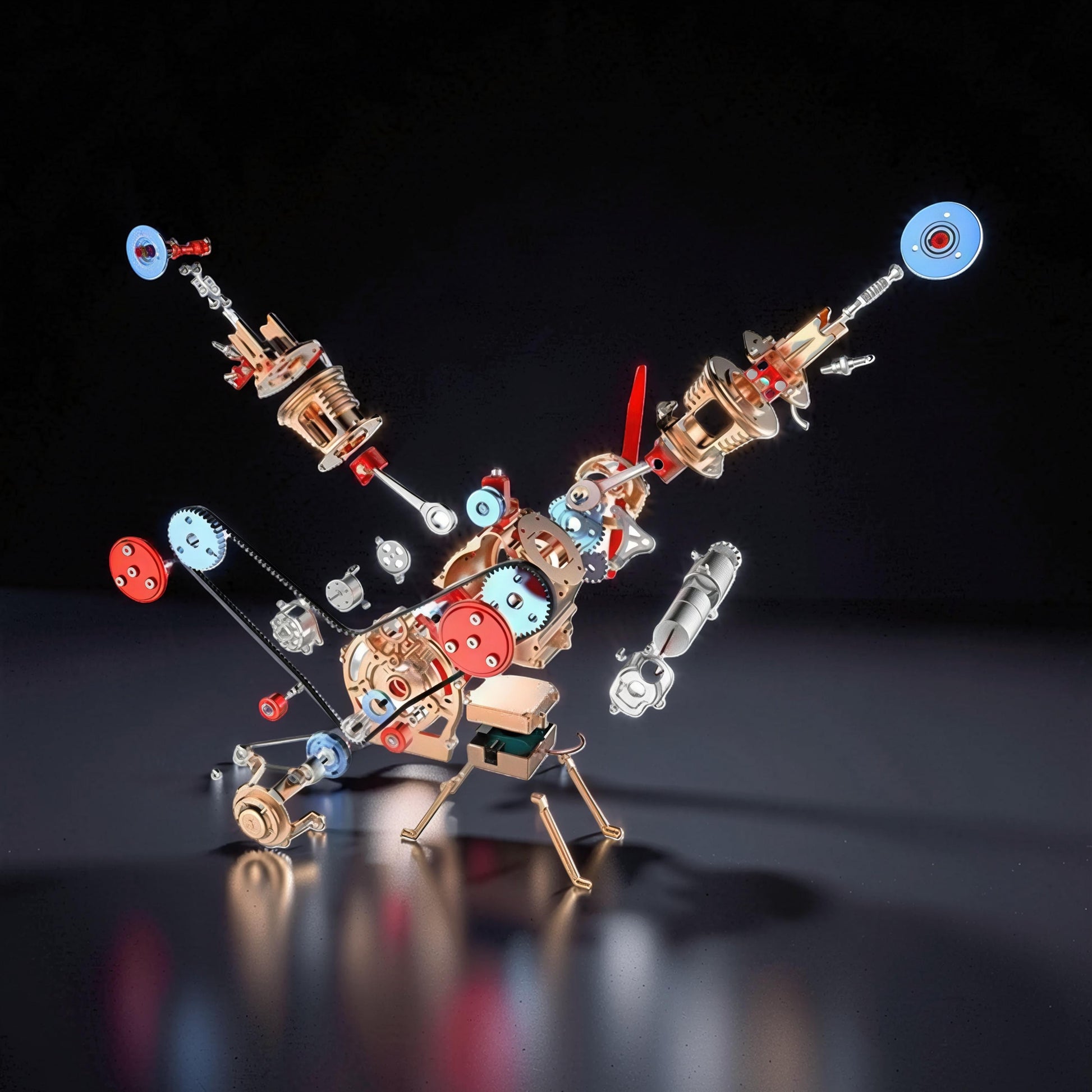 The Curious Mind Mini V2 Double-Cylinder Engine DIY Kit, a metal mechanical model with gears, pistons, and a belt, displayed in an exploded view.