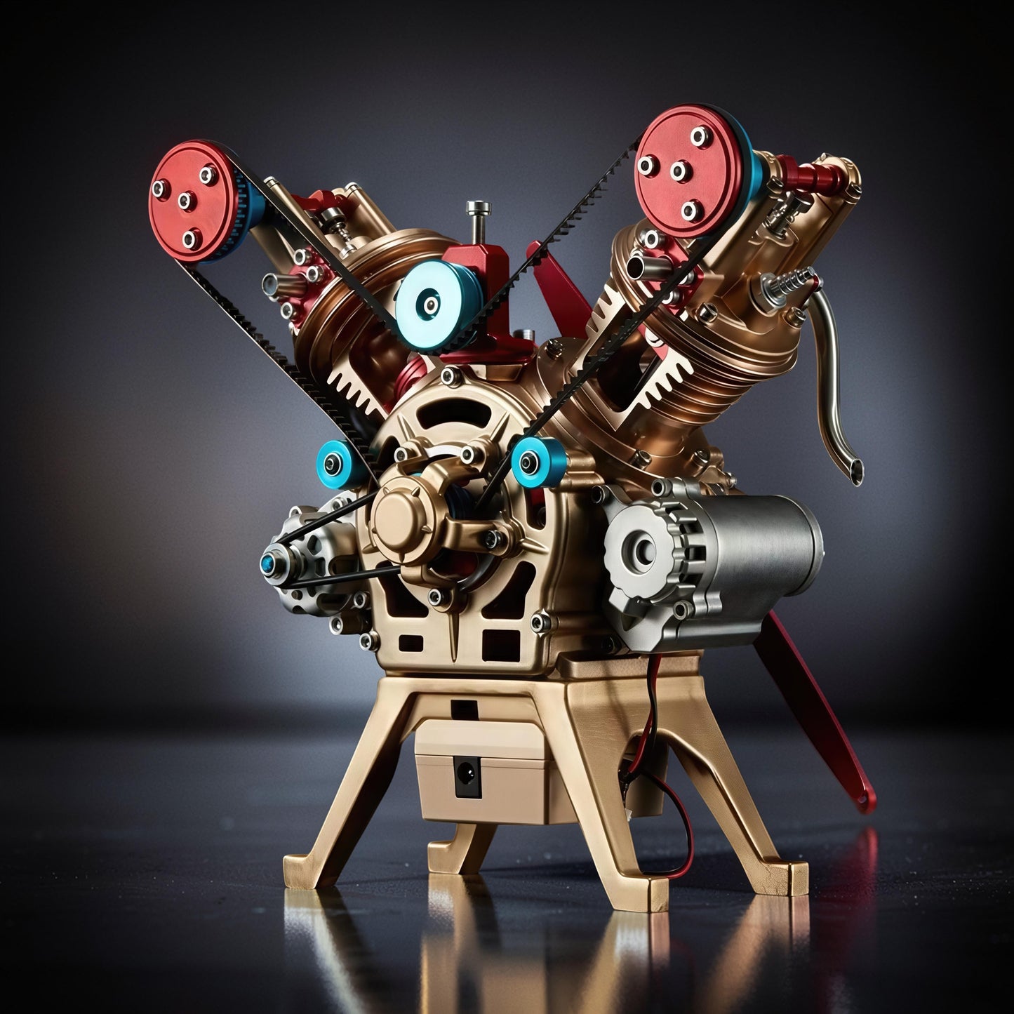 The Curious Mind Mini V2 Double-Cylinder Engine DIY Kit, a premium metal mechanical model with gold, red, and blue accents, featuring intricate details and a display stand.