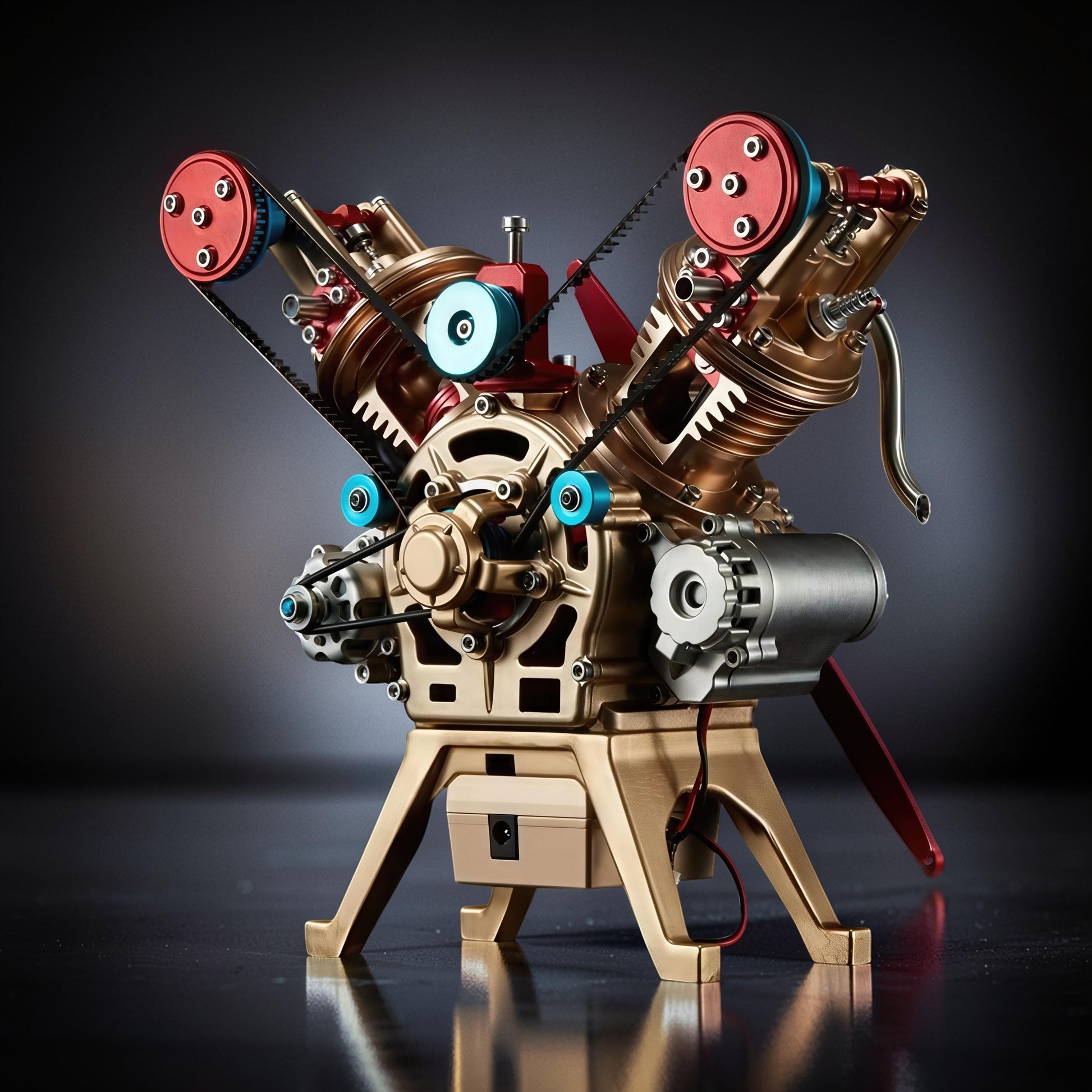 The Curious Mind Mini V2 Double-Cylinder Engine DIY Kit, a premium metal mechanical model with gold, red, and blue accents, featuring intricate details and a display stand.