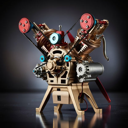 The Curious Mind Mini V2 Double-Cylinder Engine DIY Kit, a premium metal mechanical model with gold, red, and blue accents, featuring intricate details and a display stand.