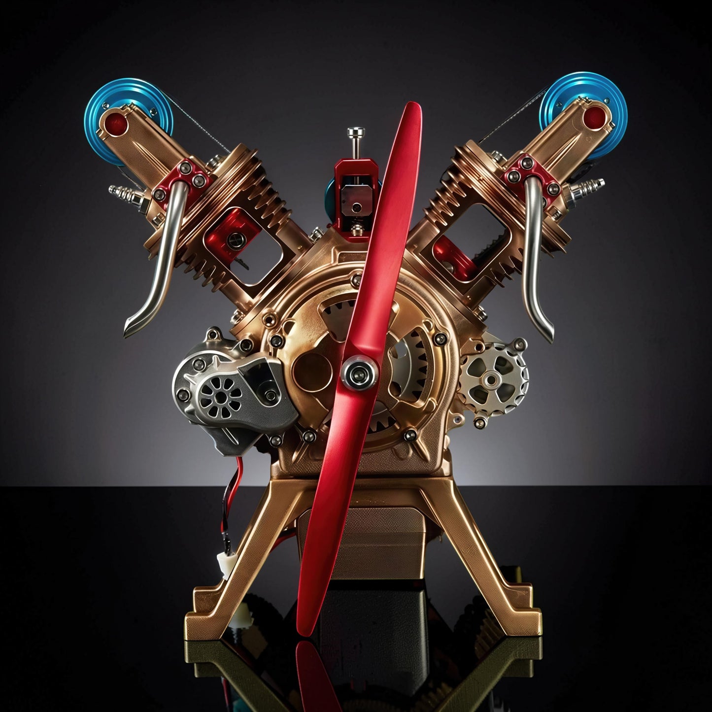 The Curious Mind Mini V2 Double-Cylinder Engine DIY Kit, a detailed metal mechanical model with a red propeller and gold-toned V-twin engine.