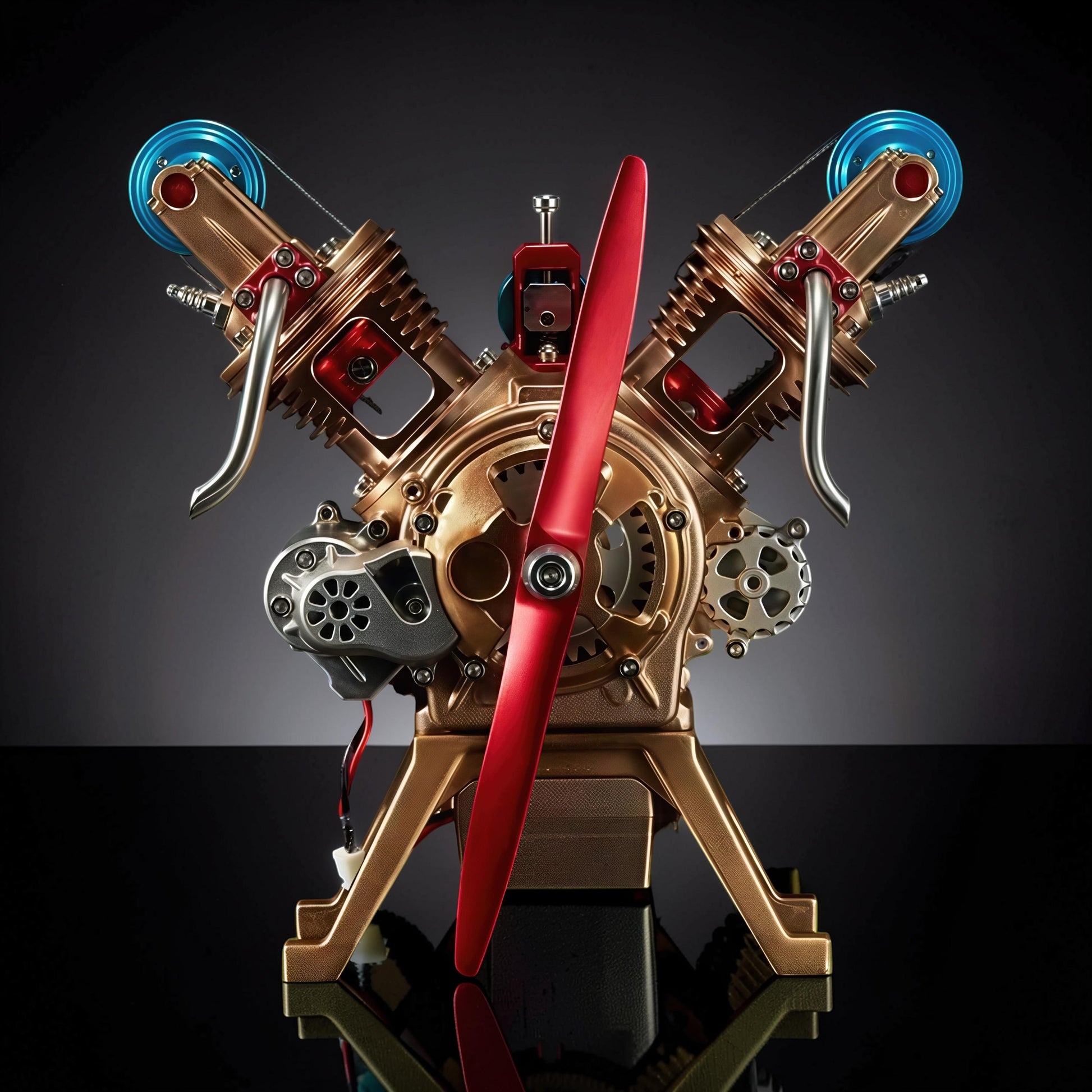 The Curious Mind Mini V2 Double-Cylinder Engine DIY Kit, a detailed metal mechanical model with a red propeller and gold-toned V-twin engine.