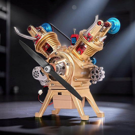 The Curious Mind Mini V2 Double-Cylinder Engine DIY Kit, a premium metal mechanical model with a gold finish, propeller, and blue accents.