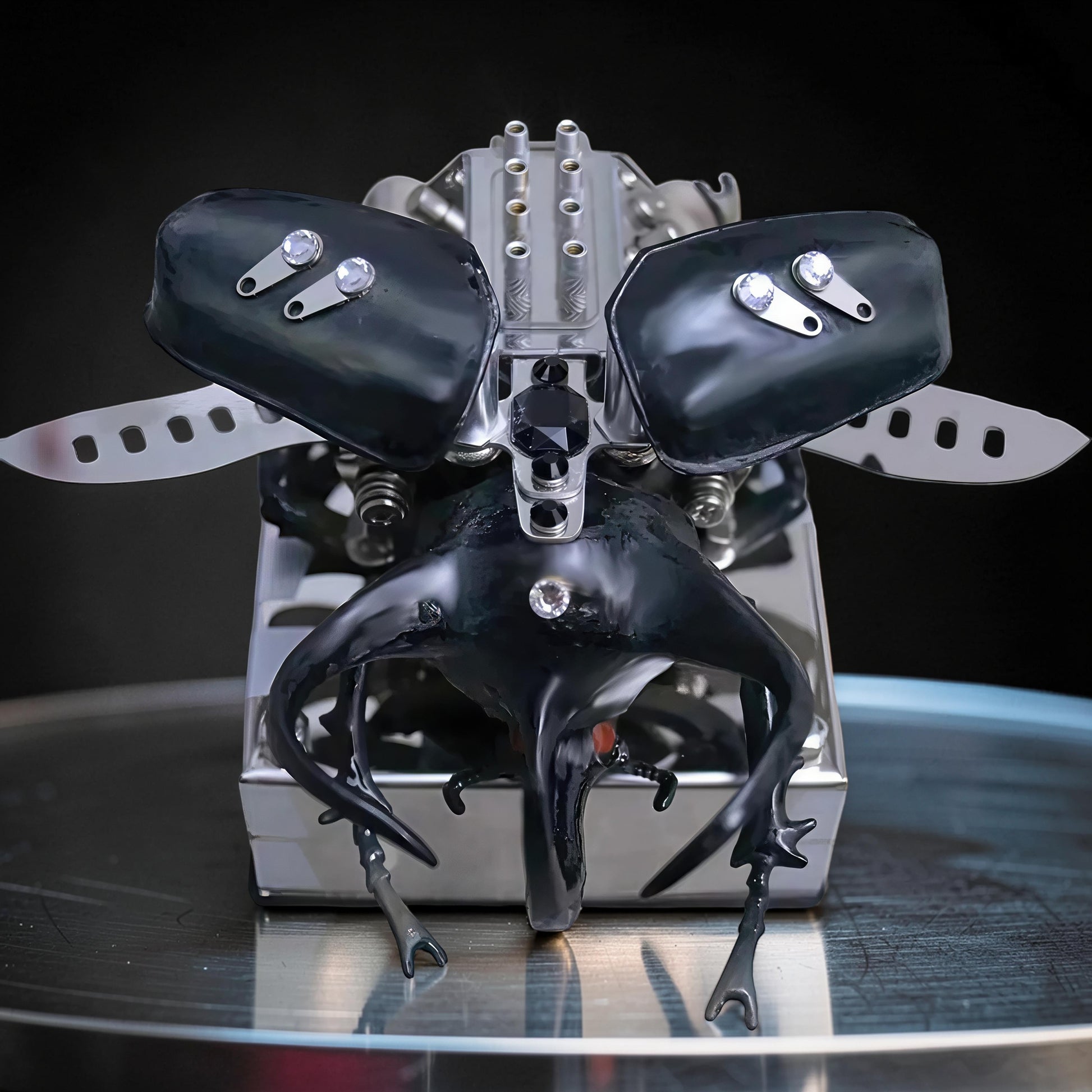 The Curious Mind Mechanical V8 Beetle Display Model, a black and silver alloy metal and resin collector's engine display with crystal accents.