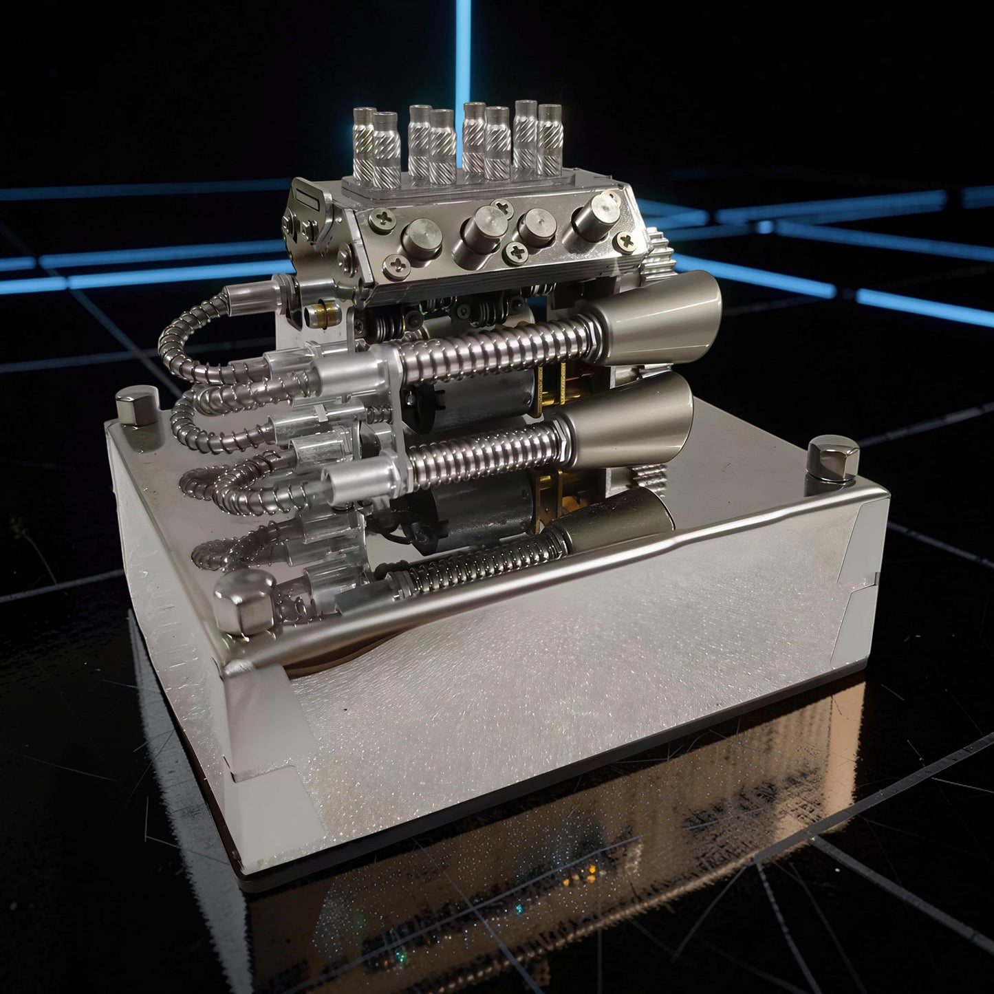 The Curious Mind V8 Beetle engine display model made of alloy metal and resin, featuring intricate details and a metallic finish.