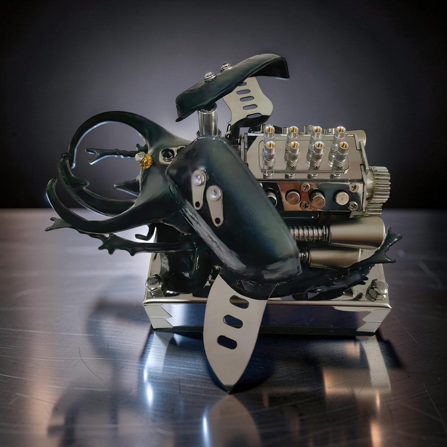 The Curious Mind Mechanical V8 Beetle Display Model, a unique desk ornament made of alloy metal and resin, featuring intricate engine details and beetle-like horns.