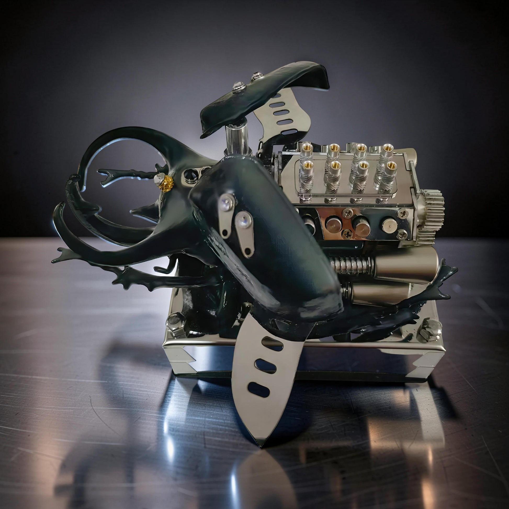 The Curious Mind Mechanical V8 Beetle Display Model, a unique desk ornament made of alloy metal and resin, featuring intricate engine details and beetle-like horns.